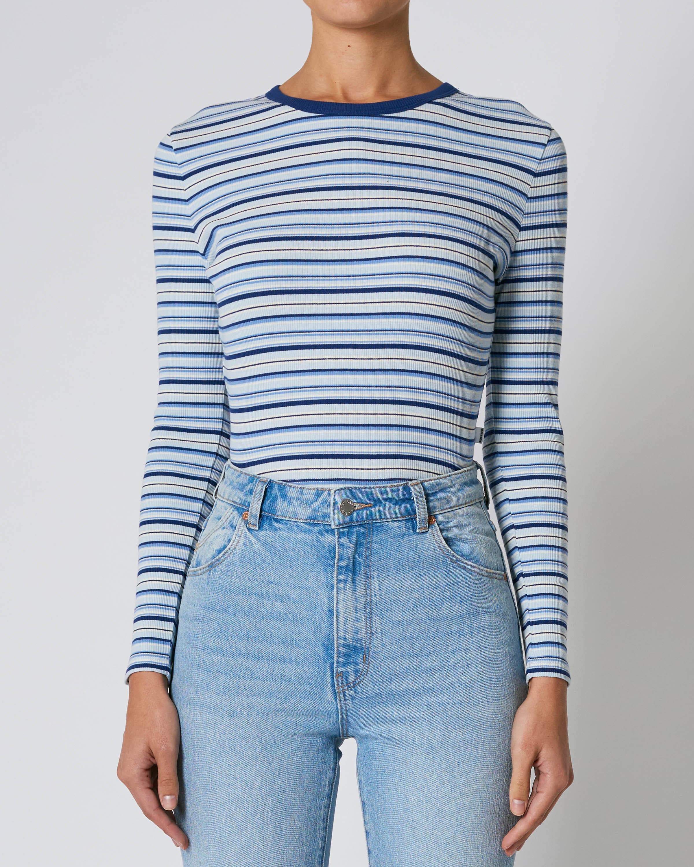 ROLLAS Womens Sky Stripe Long Sleeve Baby Rib Tee Marine - Image 10