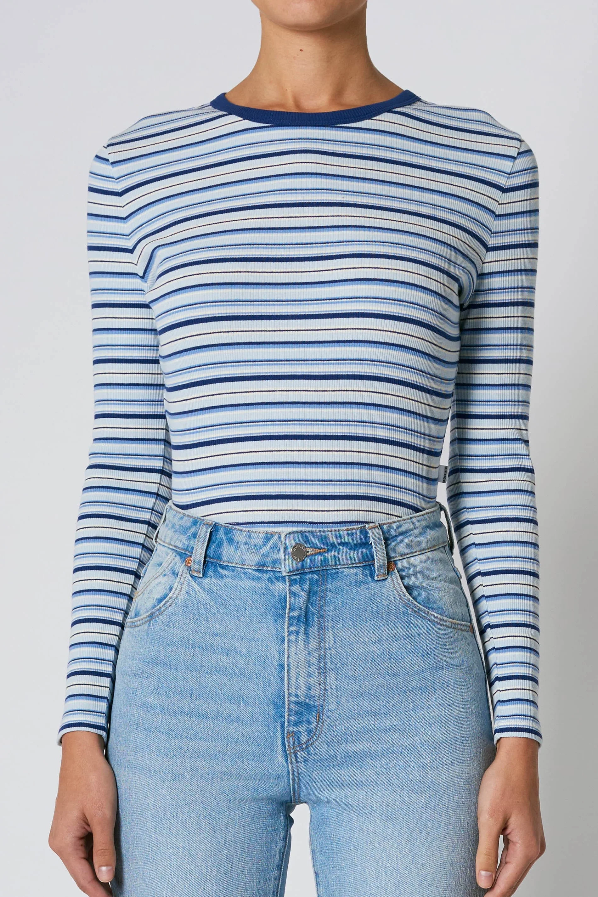 ROLLAS Womens Sky Stripe Long Sleeve Baby Rib Tee Marine - Image 2