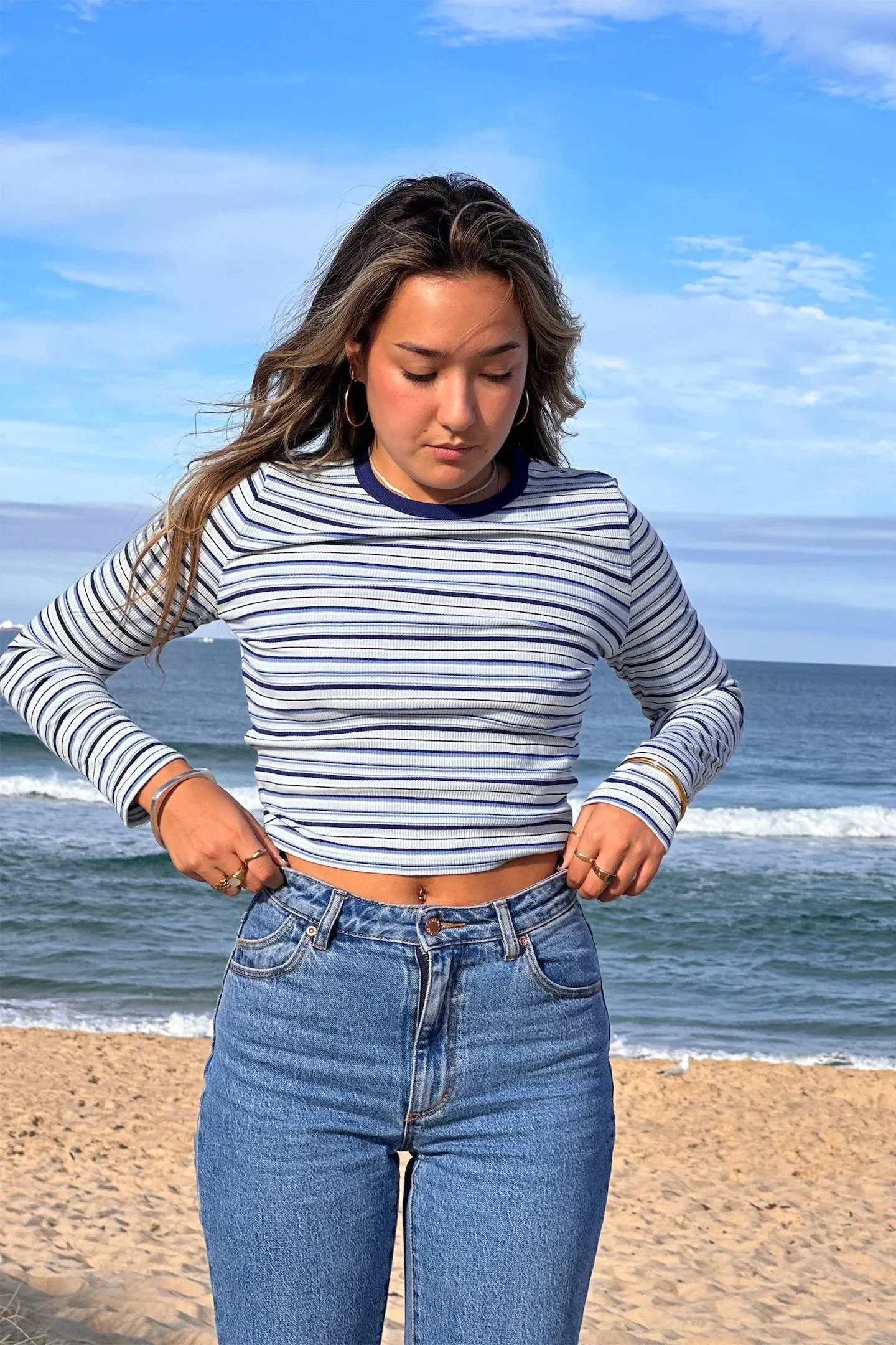 ROLLAS Womens Sky Stripe Long Sleeve Baby Rib Tee Marine - Image 4