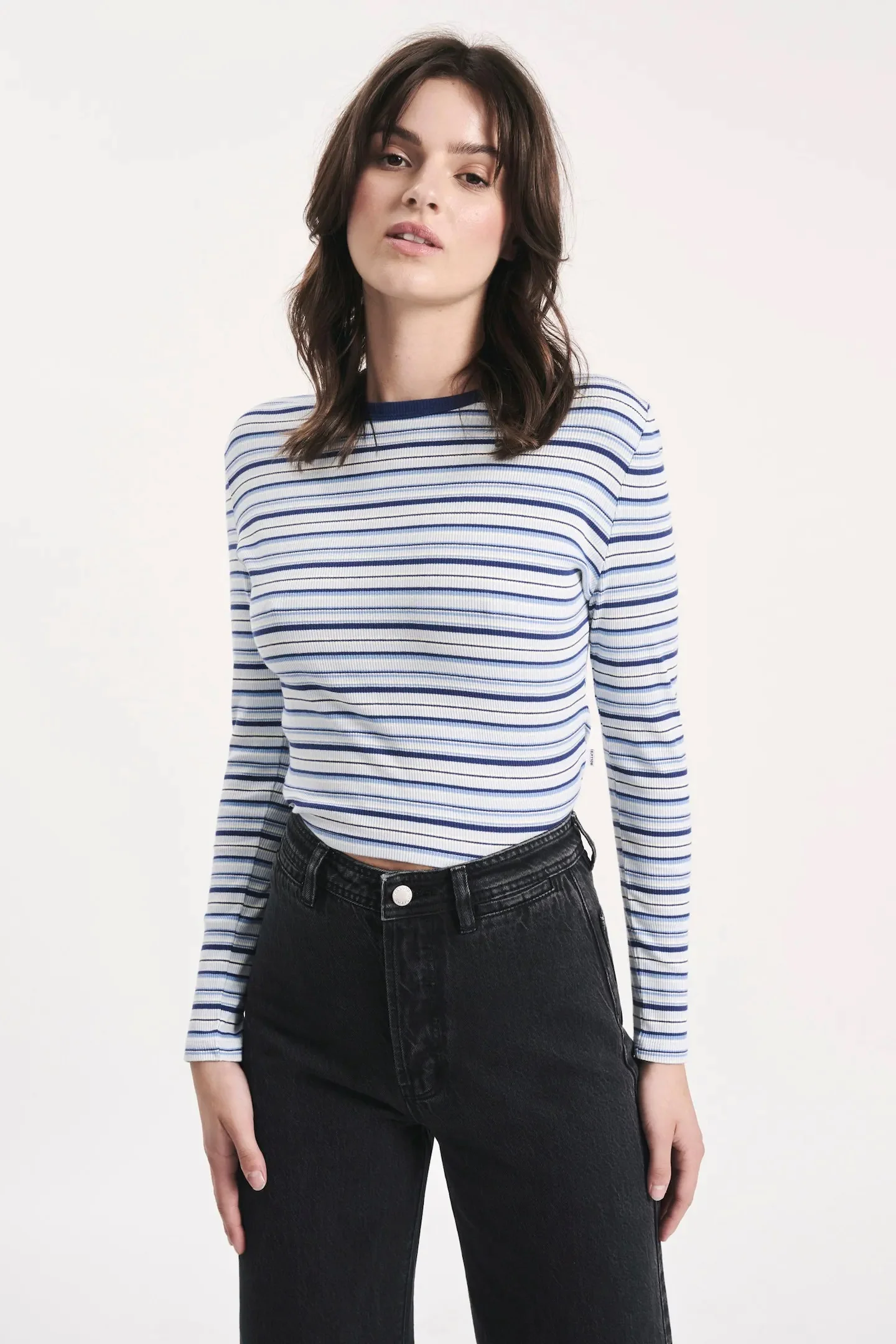 ROLLAS Womens Sky Stripe Long Sleeve Baby Rib Tee Marine - Image 5