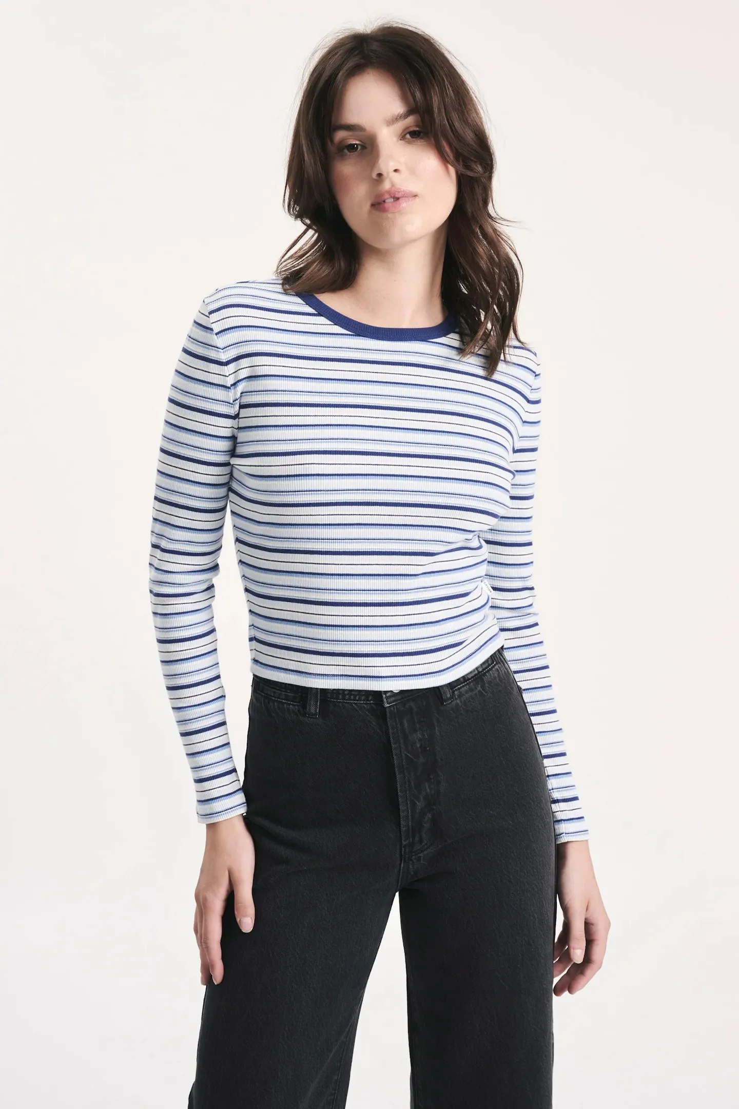 ROLLAS Womens Sky Stripe Long Sleeve Baby Rib Tee Marine - Image 8