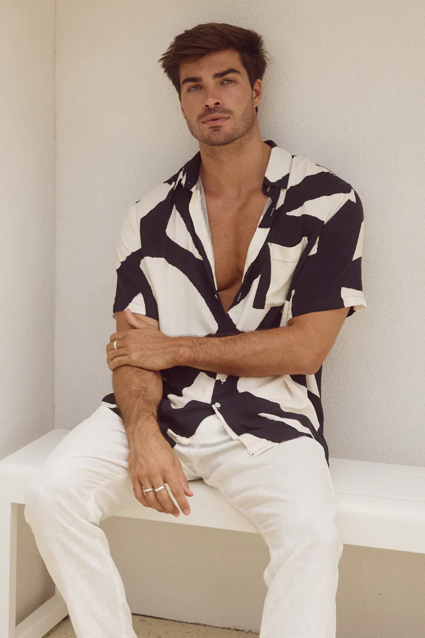 RUNAWAY Mens Lazure Short Sleeve Shirt - Black Stone Print - Image 5