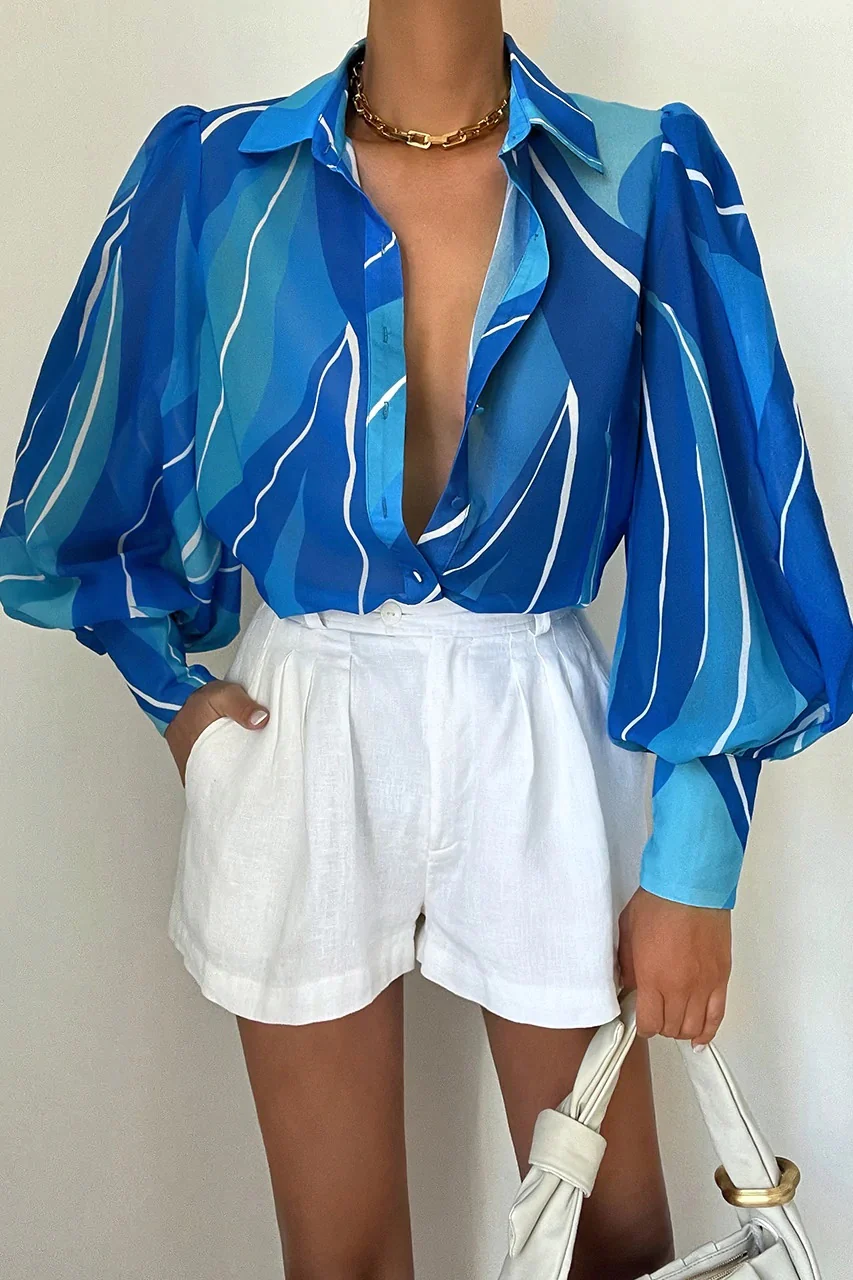 RUNAWAY THE LABEL Womens Fleetwood Blouse Blue Rowena