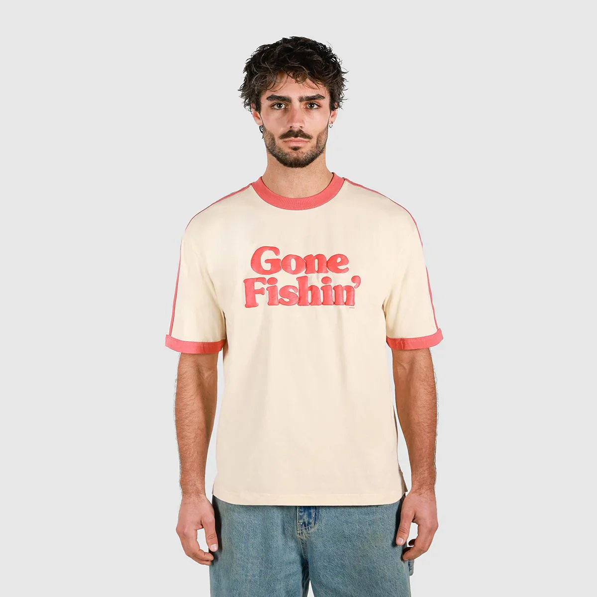 SKWOSH Mens Gone Fishin' Boxy Ringer Tee in Off White - Image 3