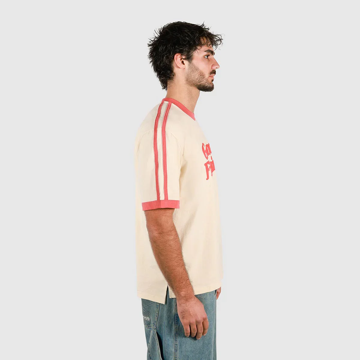 SKWOSH Mens Gone Fishin' Boxy Ringer Tee in Off White - Image 4