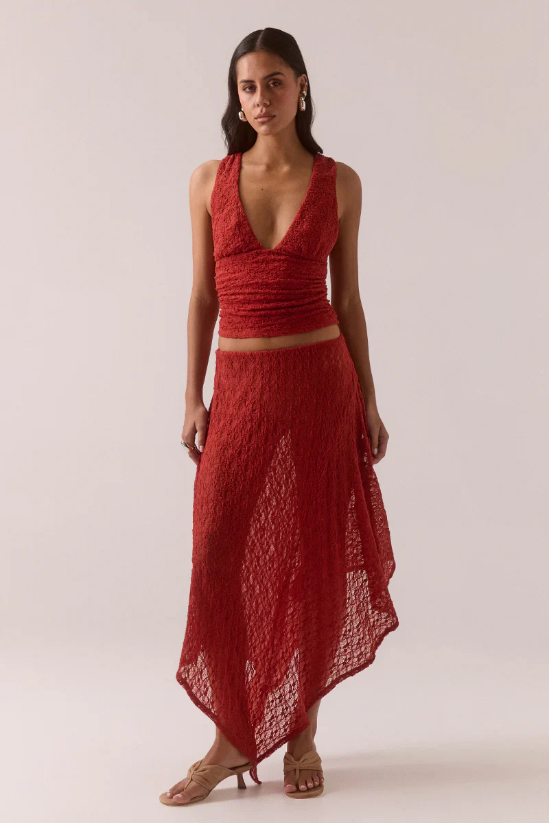 SOVERE Womens Aaila Lace Skirt in Blood Orange - Image 3