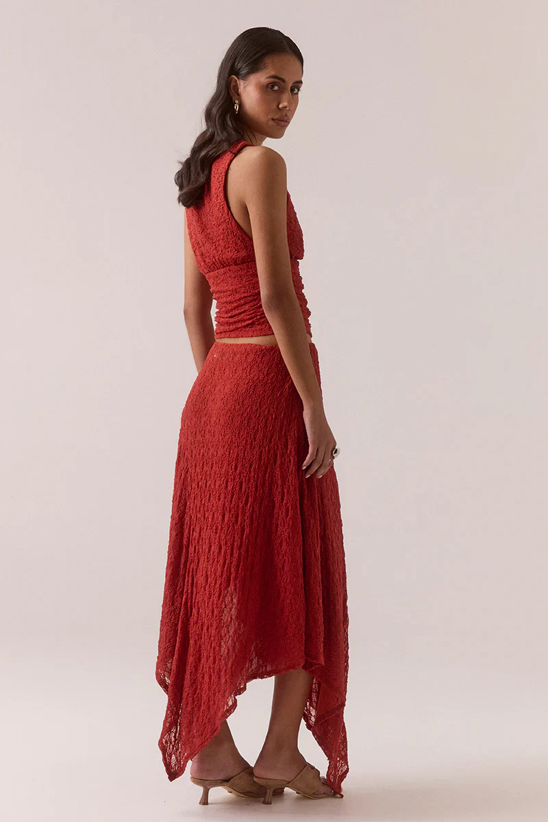 SOVERE Womens Aaila Lace Skirt in Blood Orange - Image 4