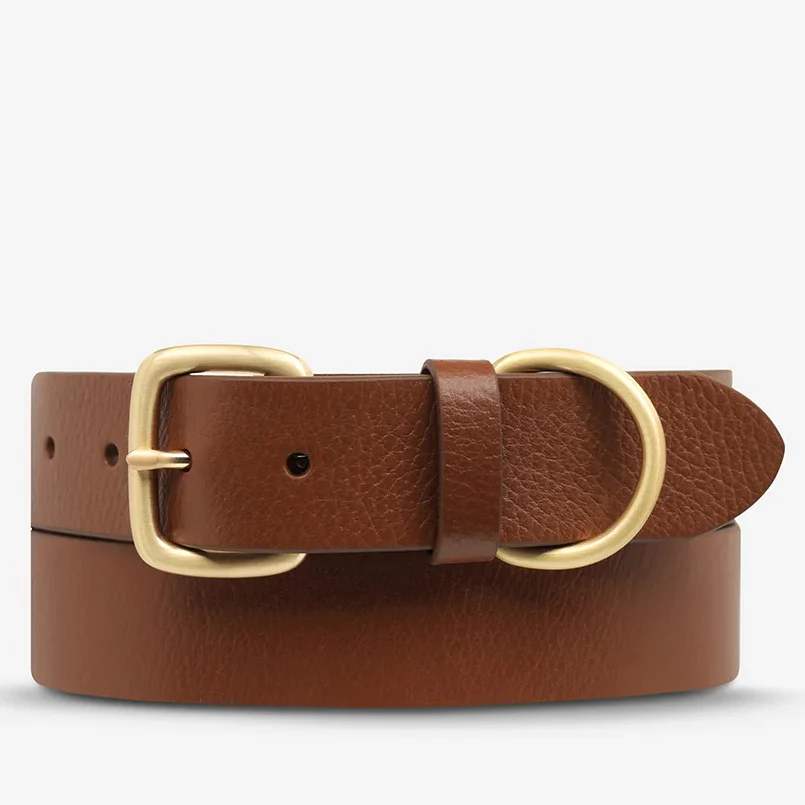 STATUS ANXIETY Womens Disarm Leather Belt - Tan w Gold Buckle