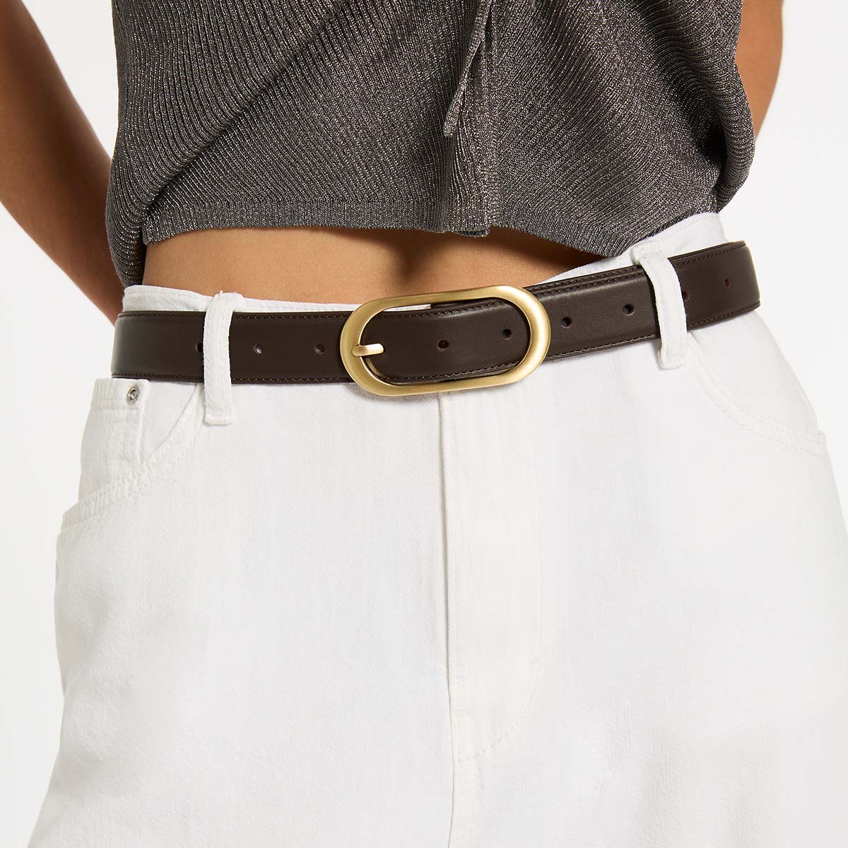 STATUS ANXIETY Womens Final Loop Leather Belt in Choc Nappa/ Gold - Image 9