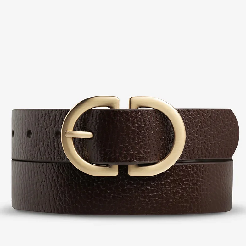 STATUS ANXIETY Womens In Reverse Leather Belt - Choc / Gold - Image 7