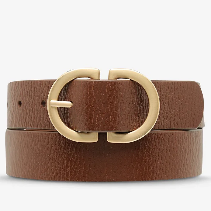 STATUS ANXIETY Womens In Reverse Leather Belt - Tan/Gold