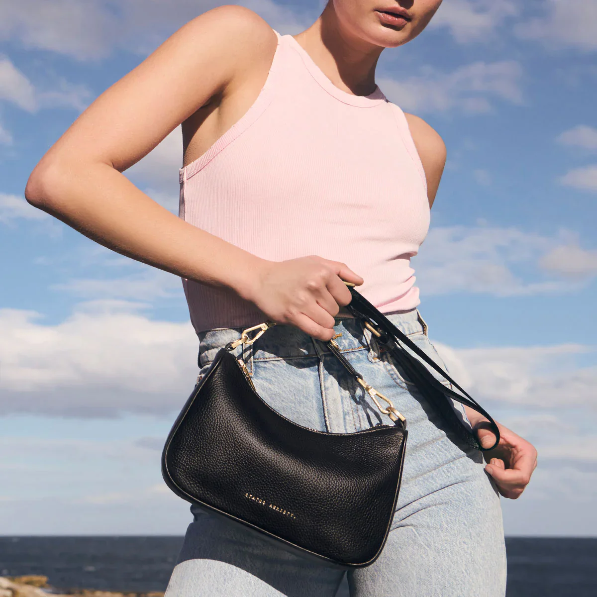 STATUS ANXIETY Womens Look Both Ways Leather Bag in Black w Brushed Gold - Image 4
