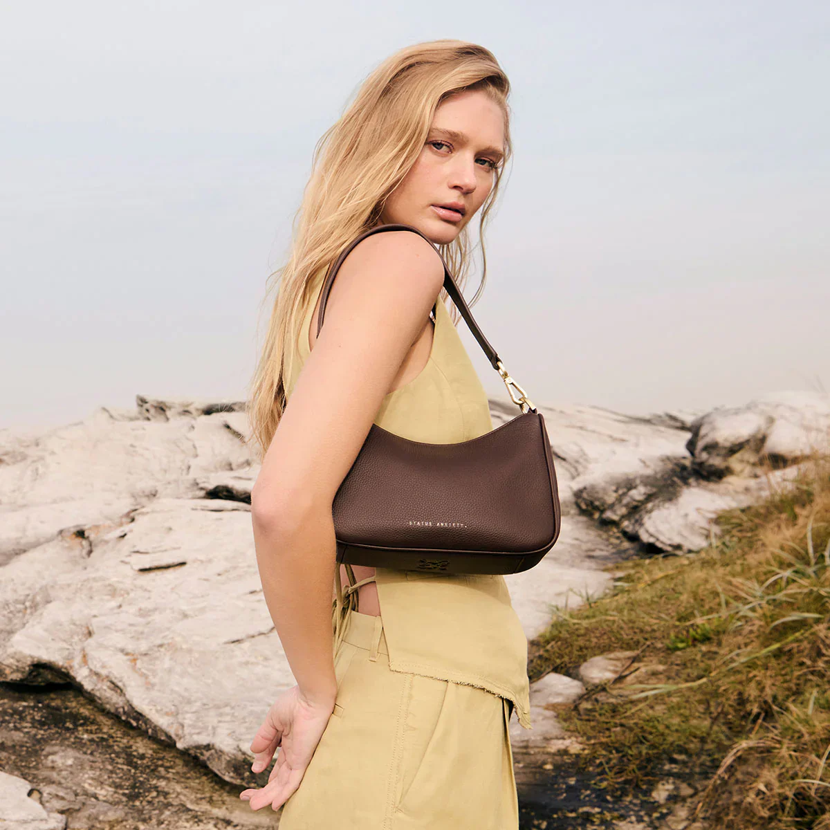 STATUS ANXIETY Womens Look Both Ways Leather Bag in Cocoa w Brushed Gold - Image 7