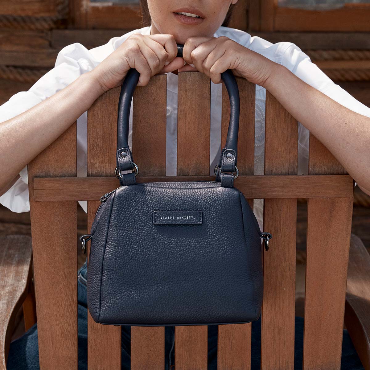 STATUS ANXIETY Womens Mini Mountains Leather Bag in Midnight Blue - Image 10