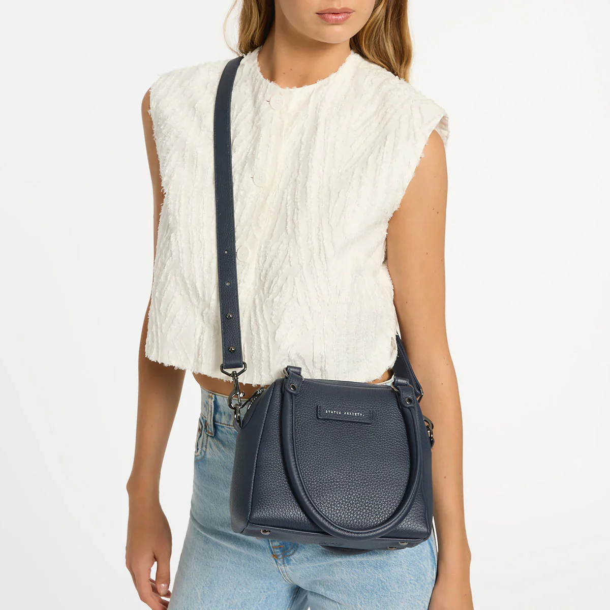STATUS ANXIETY Womens Mini Mountains Leather Bag in Midnight Blue - Image 11
