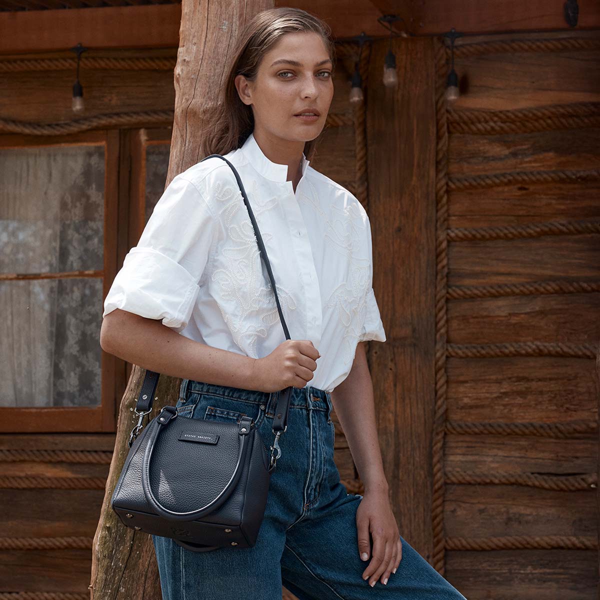 STATUS ANXIETY Womens Mini Mountains Leather Bag in Midnight Blue - Image 12
