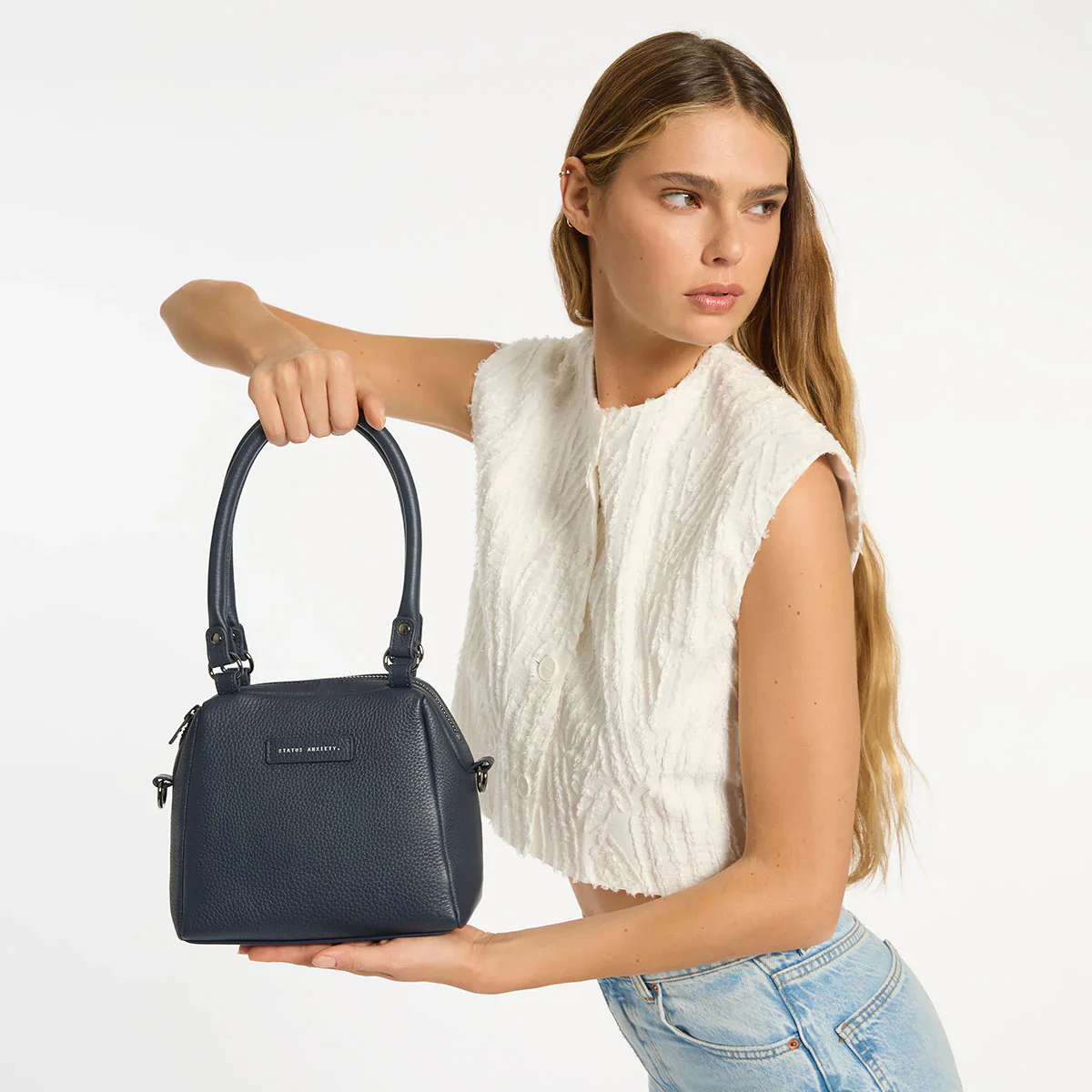 STATUS ANXIETY Womens Mini Mountains Leather Bag in Midnight Blue - Image 5