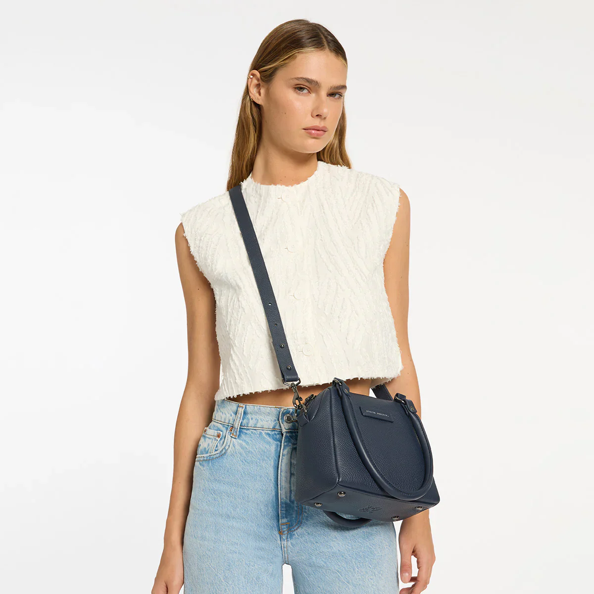 STATUS ANXIETY Womens Mini Mountains Leather Bag in Midnight Blue - Image 8