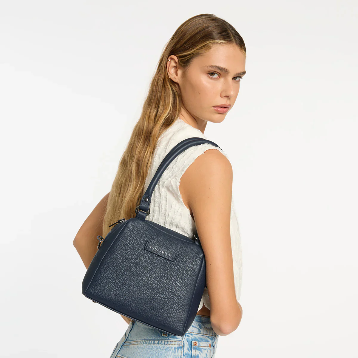 STATUS ANXIETY Womens Mini Mountains Leather Bag in Midnight Blue - Image 9