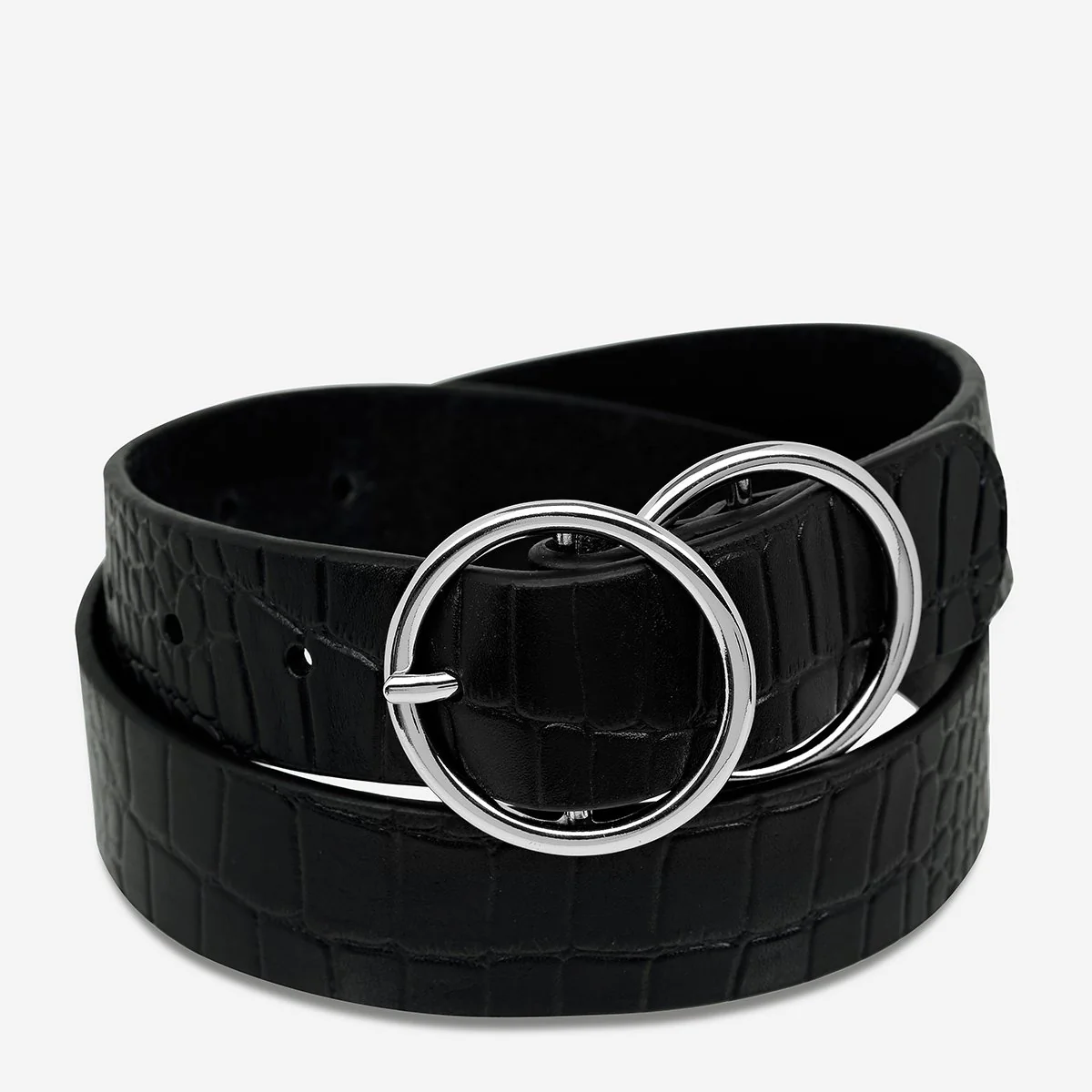 STATUS ANXIETY Womens Mislaid Leather Belt - Black Croc Silver Buckle - Image 3