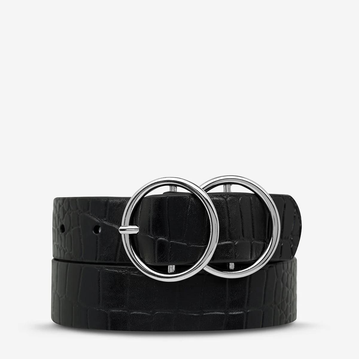 STATUS ANXIETY Womens Mislaid Leather Belt - Black Croc Silver Buckle - Image 4