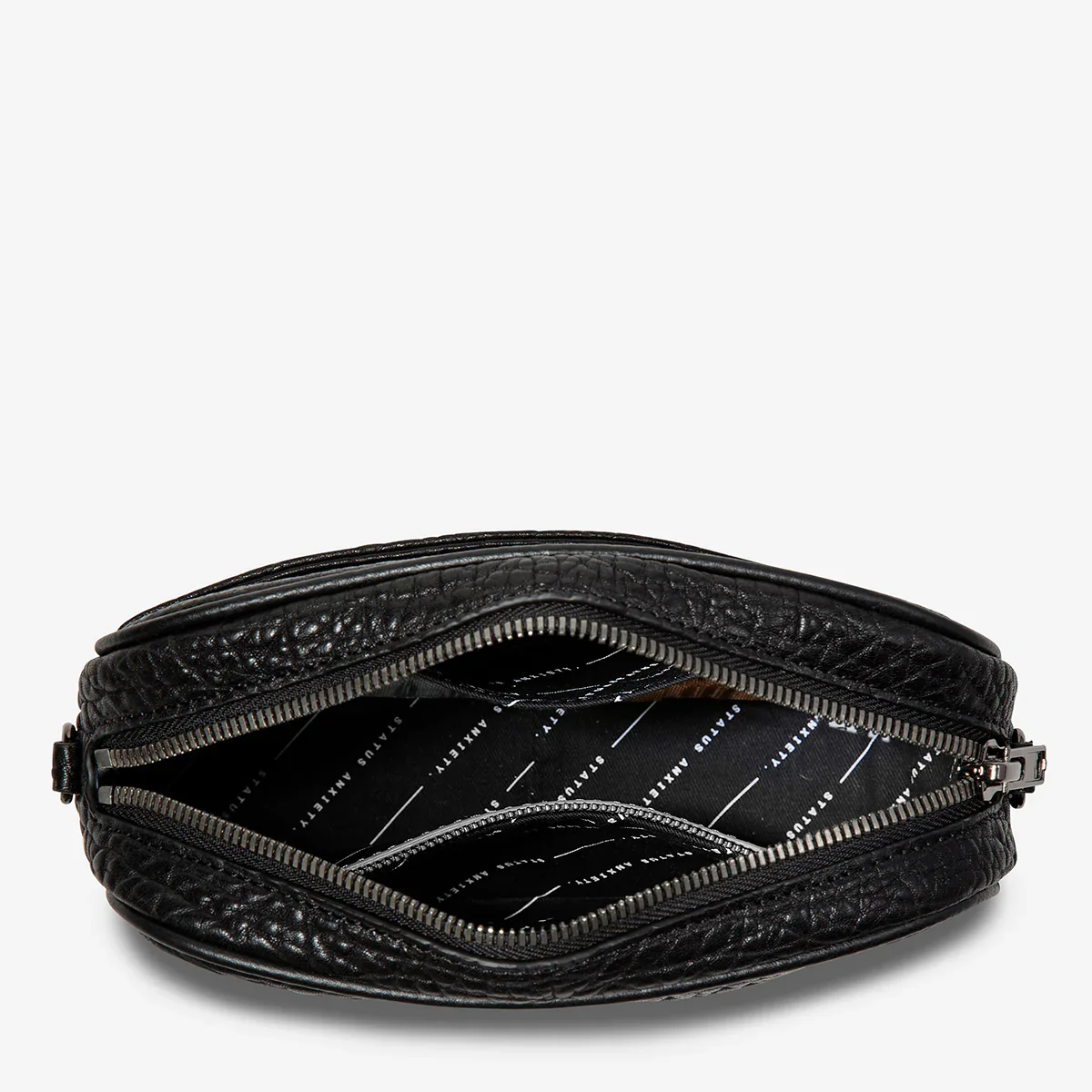 STATUS ANXIETY Womens Plunder Cross Body Leather Bag with Webbed Strap - Black Bubble Leather - Image 5