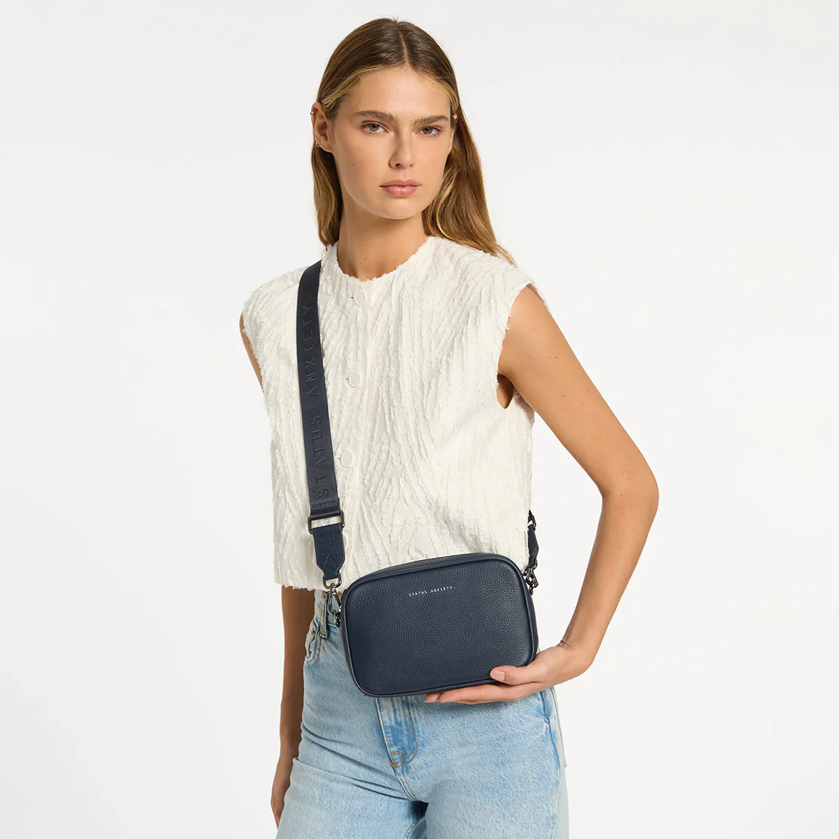 STATUS ANXIETY Womens Plunder Leather Bag with Dual Straps in Midnight Blue - Image 4