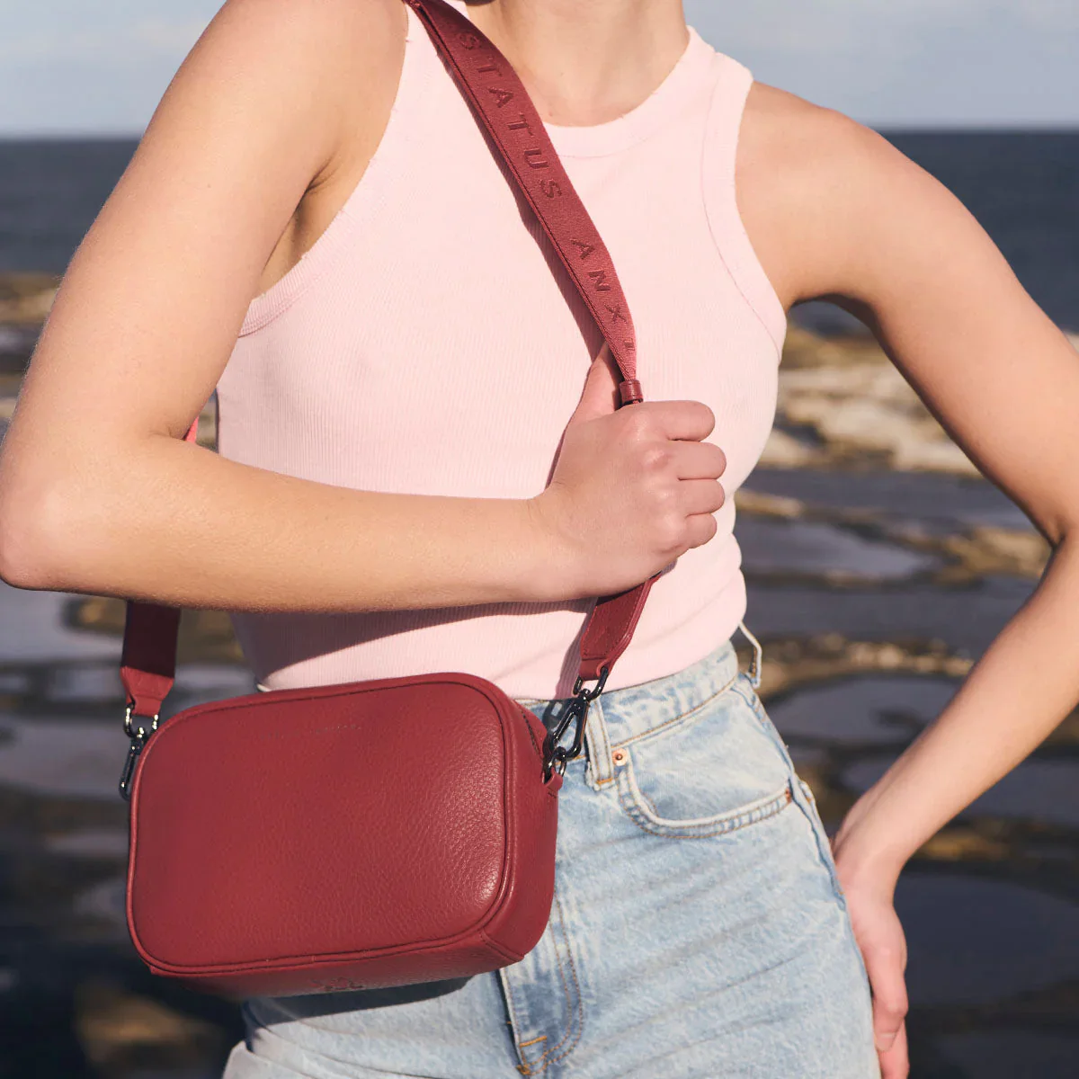 STATUS ANXIETY Womens Plunder Leather Bag with Dual Straps in Rouge - Image 11