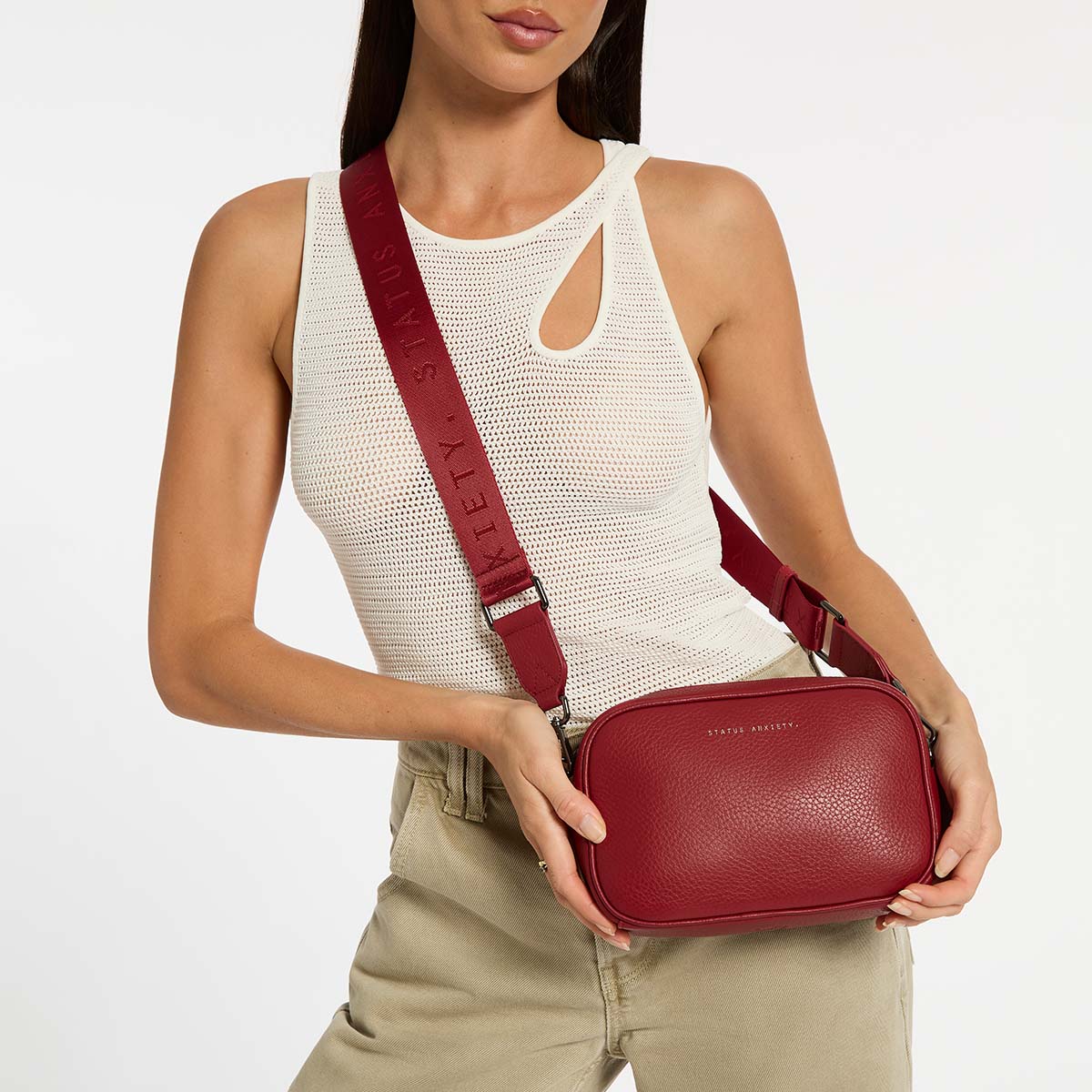 STATUS ANXIETY Womens Plunder Leather Bag with Dual Straps in Rouge - Image 12