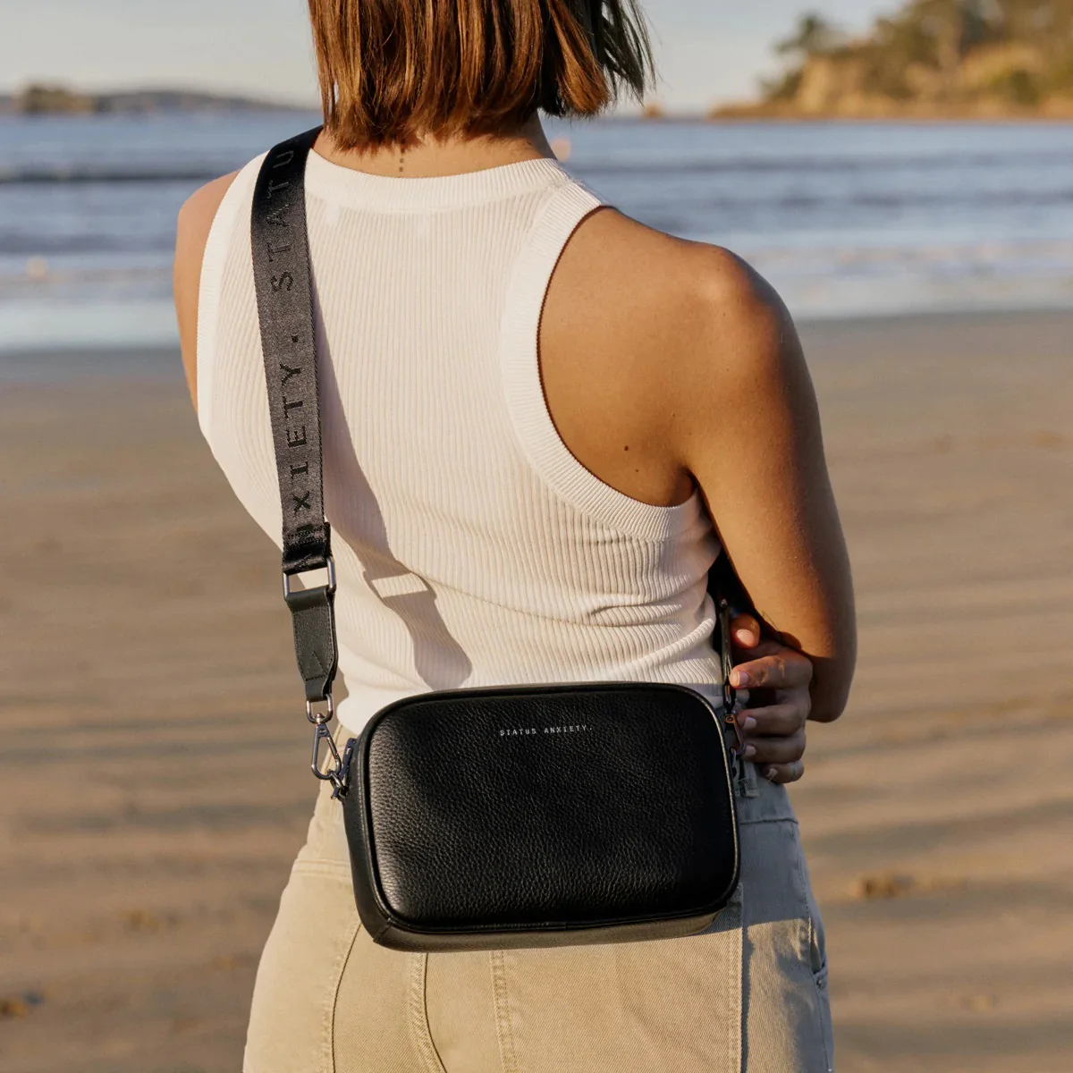 STATUS ANXIETY Womens Plunder Leather Bag with Webbed Strap Black - Image 6