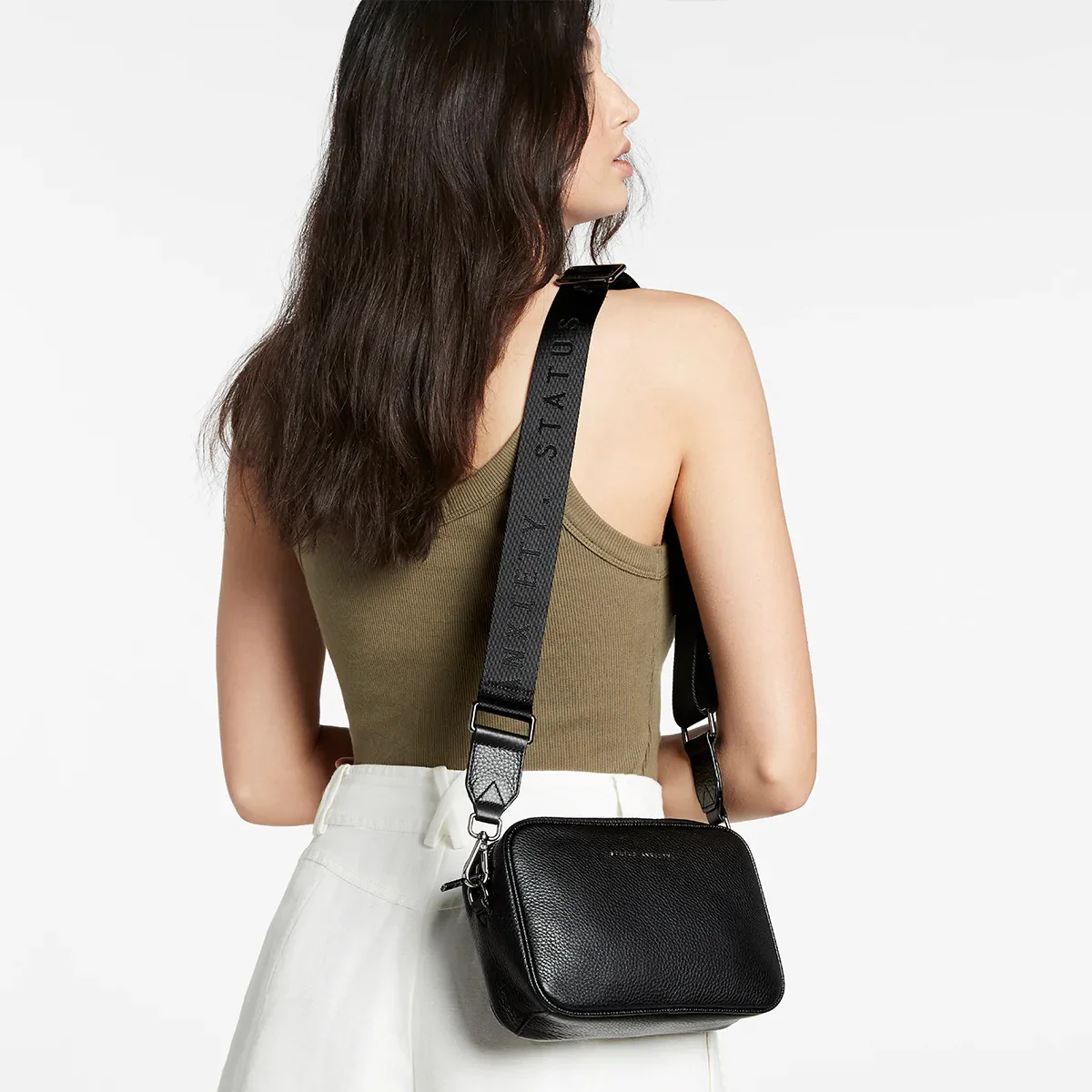 STATUS ANXIETY Womens Plunder Leather Bag with Webbed Strap Black - Image 7