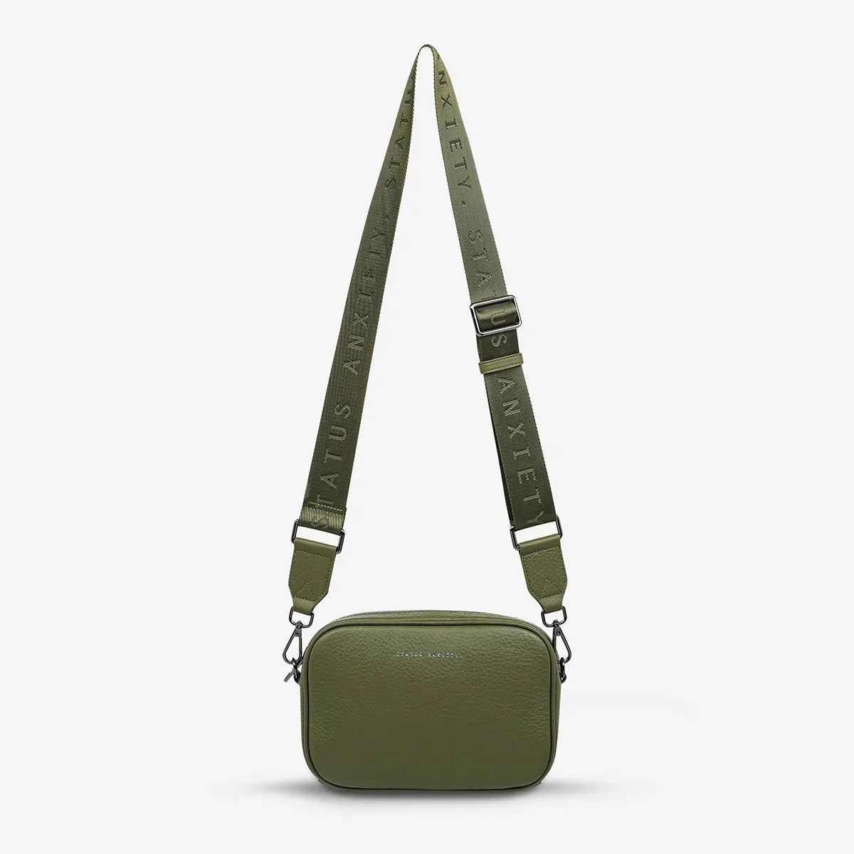 STATUS ANXIETY Womens Plunder Leather Bag with Webbed Strap Khaki - Image 2