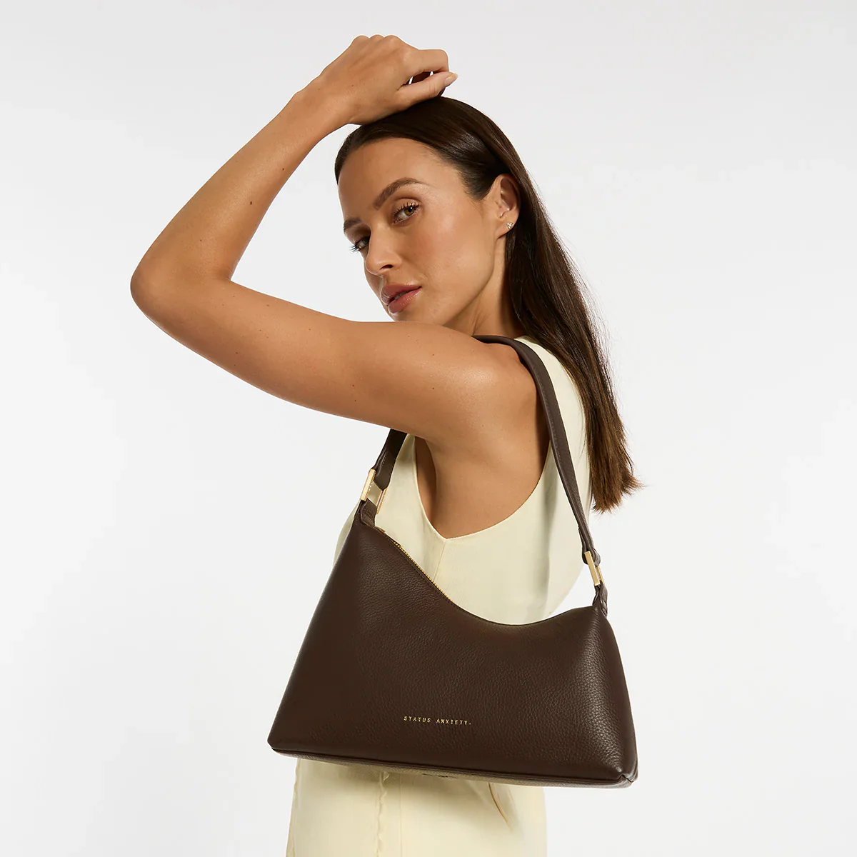 STATUS ANXIETY Womens Reverie Leather Bag in Cocoa w Brushed Gold - Image 5