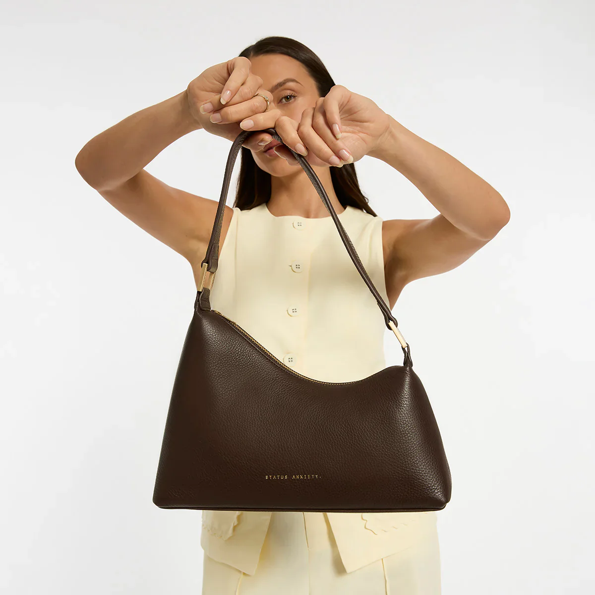 STATUS ANXIETY Womens Reverie Leather Bag in Cocoa w Brushed Gold - Image 7