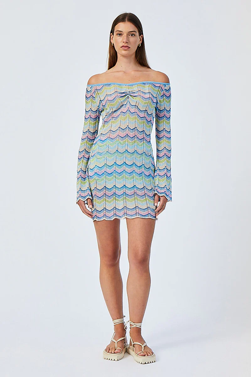 SUBOO Womens Karo Off Shoulder Chevron Knit Mini Dress - Multi - Image 2