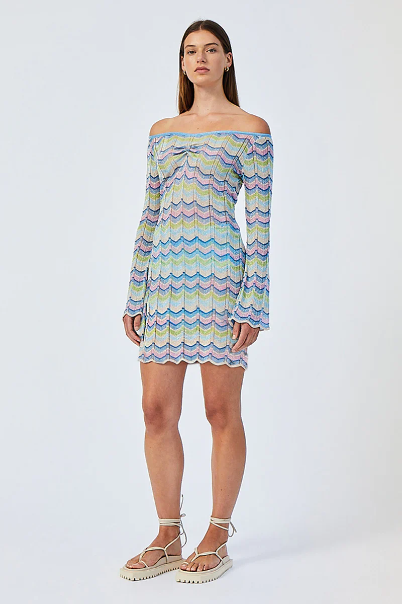 SUBOO Womens Karo Off Shoulder Chevron Knit Mini Dress - Multi - Image 3