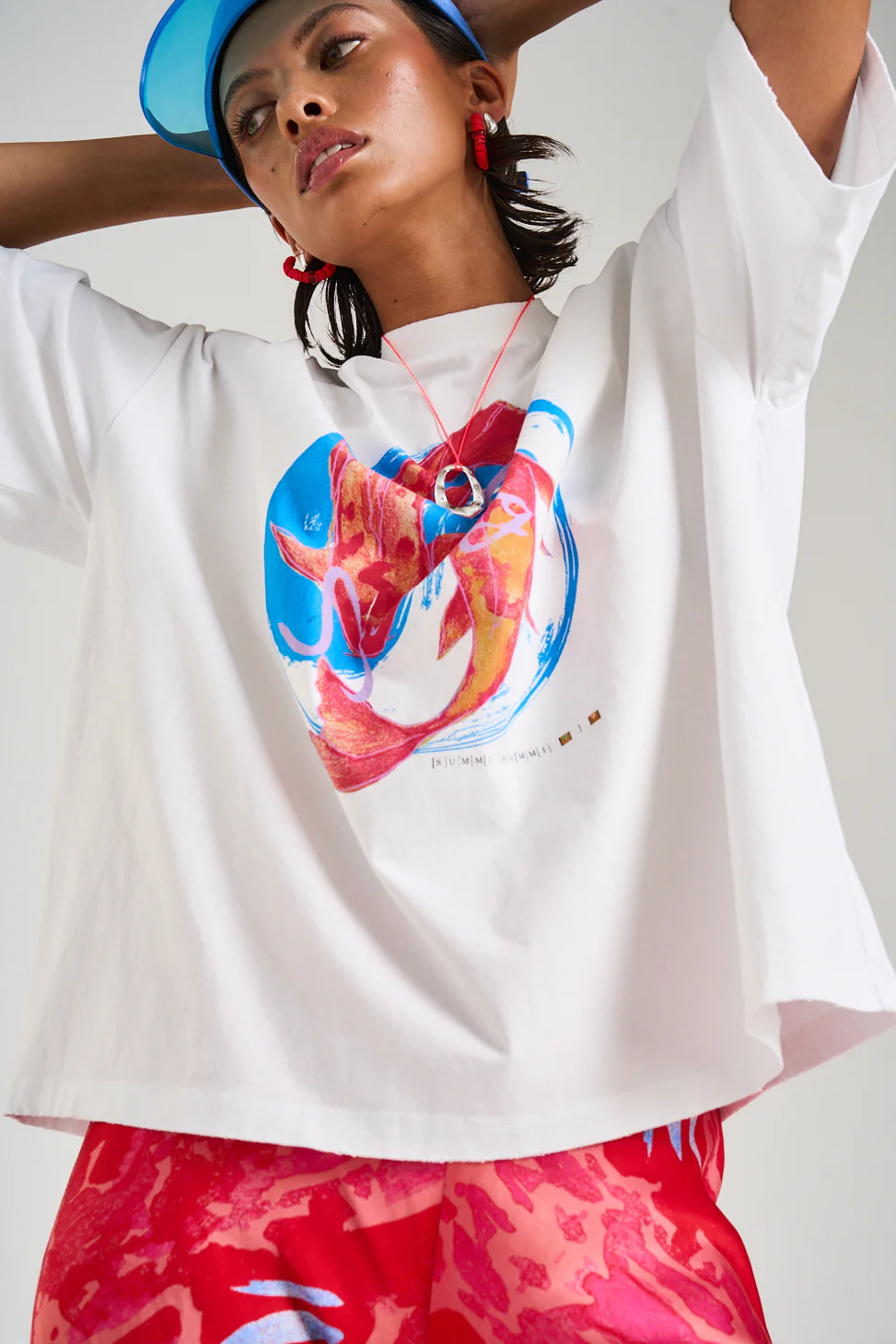 SUMMI SUMMI Womens Band Tee in White with Koi Print - Image 6