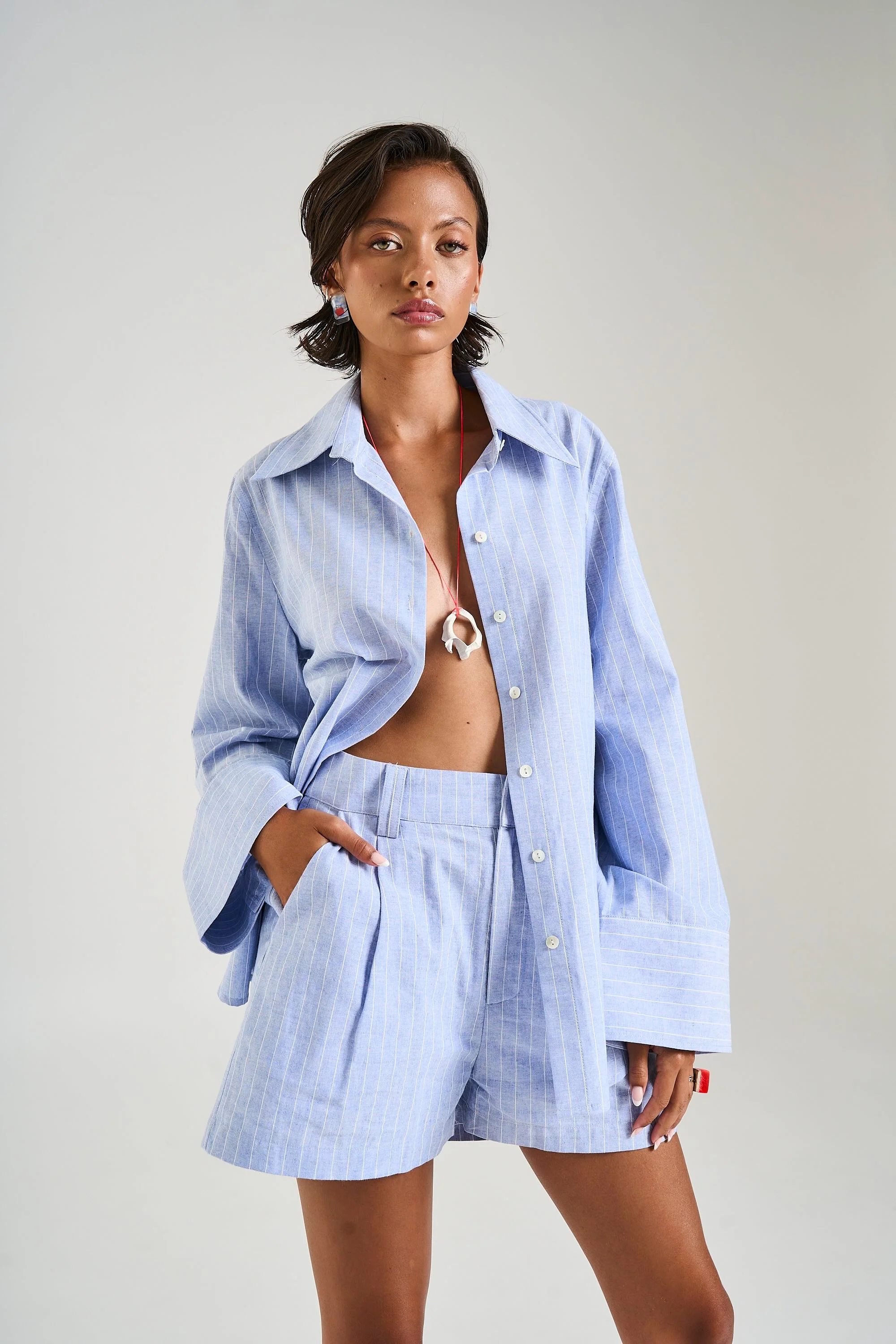 SUMMI SUMMI Womens Cuff Shirt in Sea Stripe - Image 2