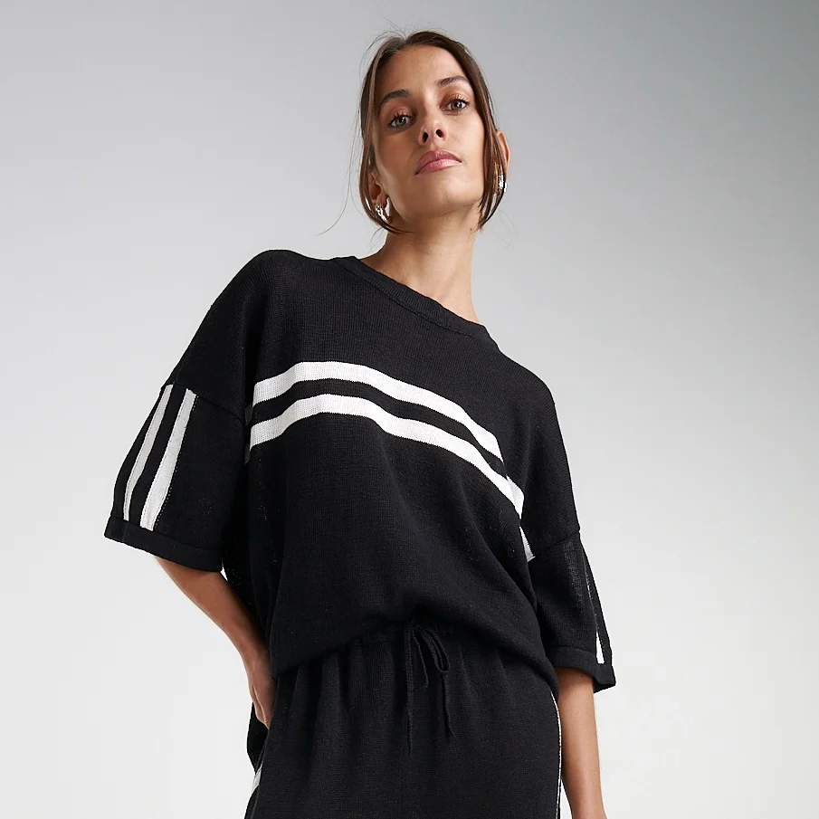 SUMMI SUMMI Womens Knit LinenTee - Black w Cream Stripe - Image 3