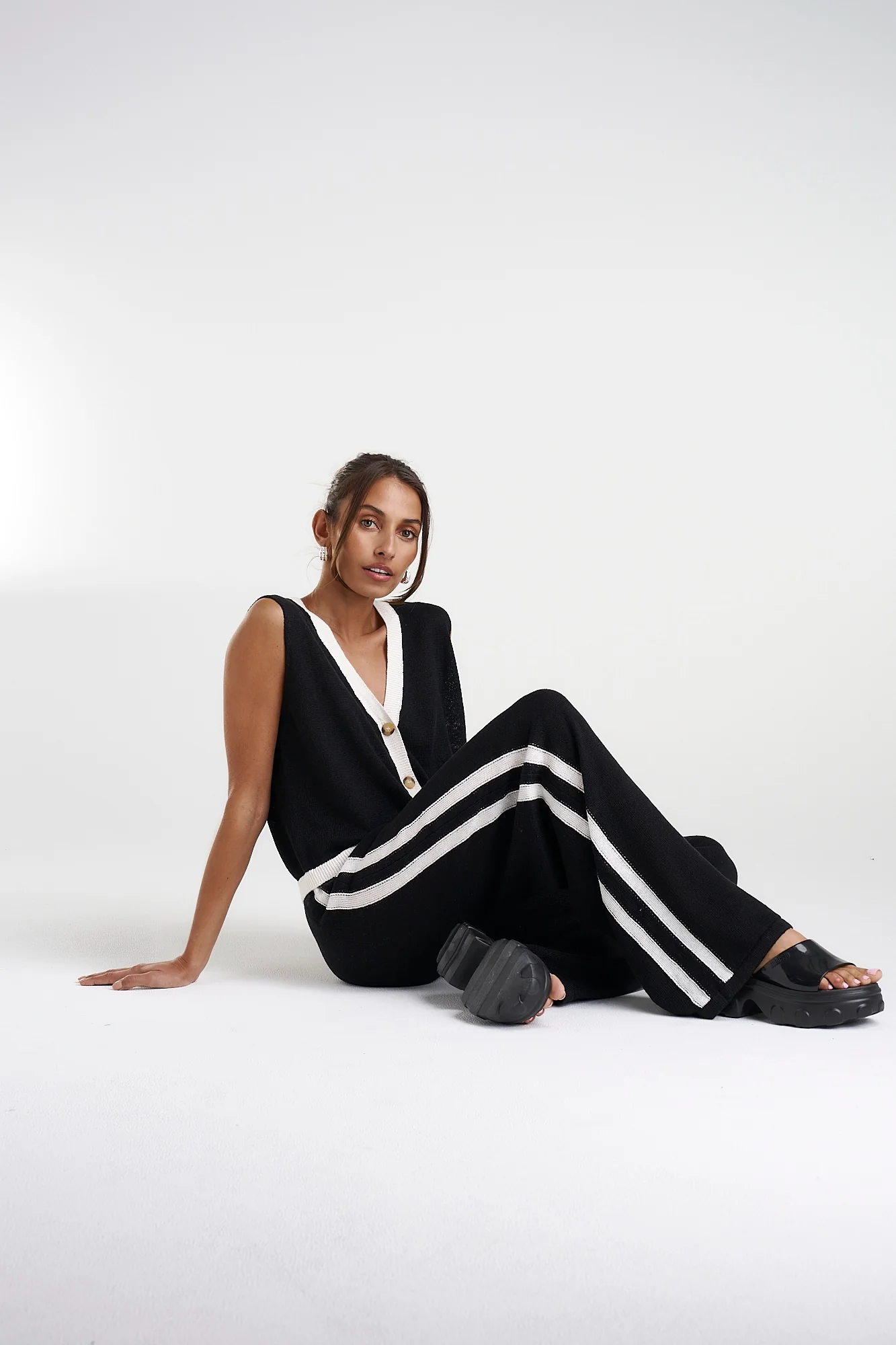 SUMMI SUMMI Womens Knit Pants - Black w Cream Stripe - Image 6