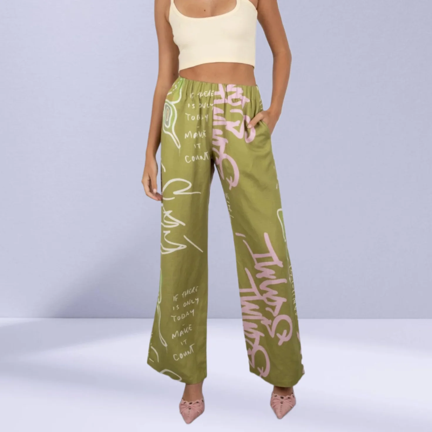 SUMMI SUMMI Womens Linen Pants - Graffiti Butterfly Khaki - Image 2