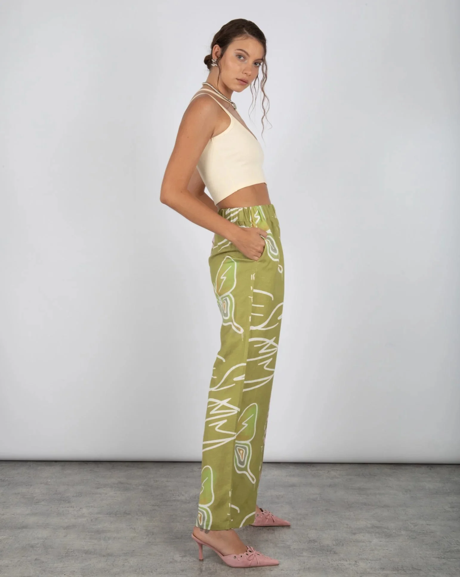 SUMMI SUMMI Womens Linen Pants - Graffiti Butterfly Khaki - Image 3