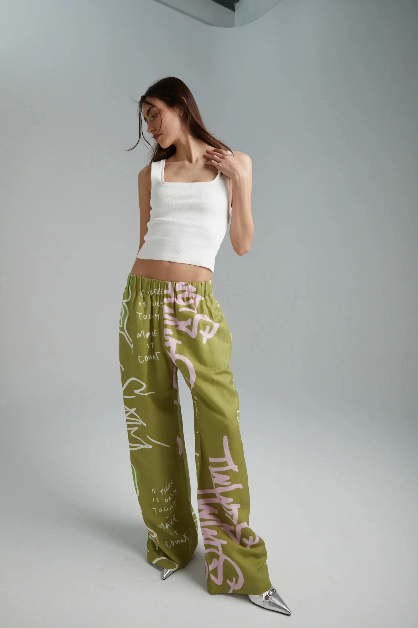 SUMMI SUMMI Womens Linen Pants - Graffiti Butterfly Khaki - Image 5
