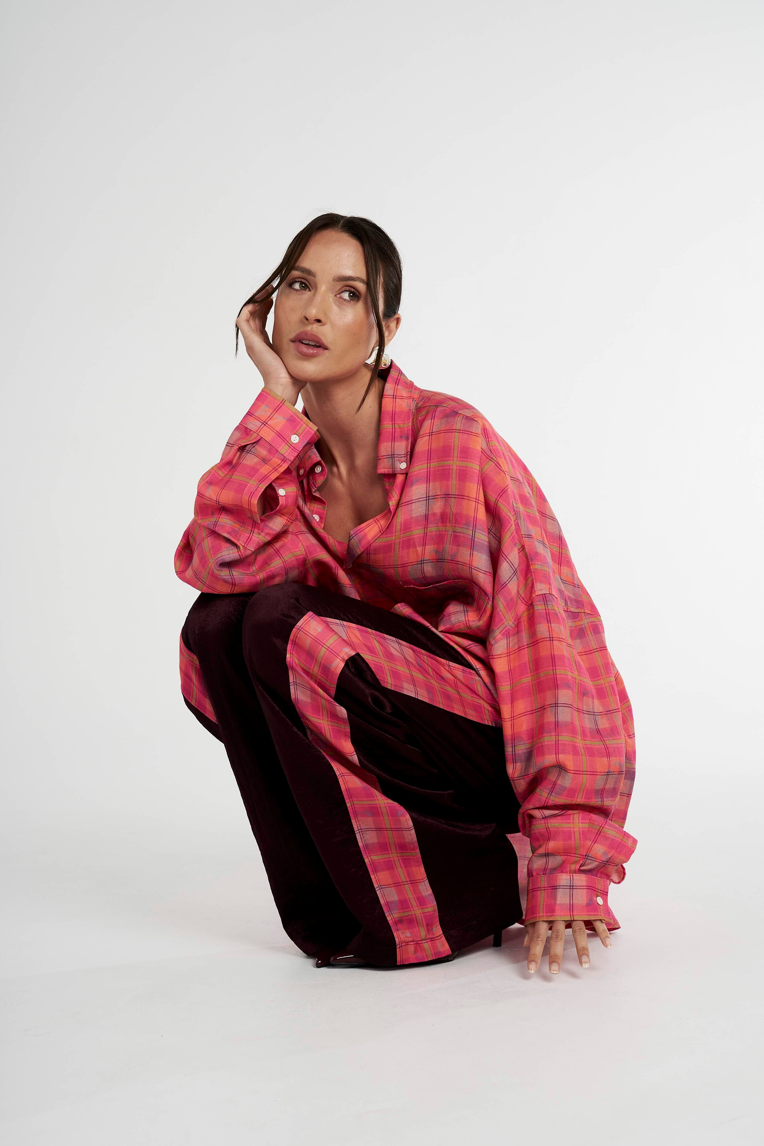 SUMMI SUMMI Womens Long Sleeve Oversized Shirt - Neon Plaid - Image 4
