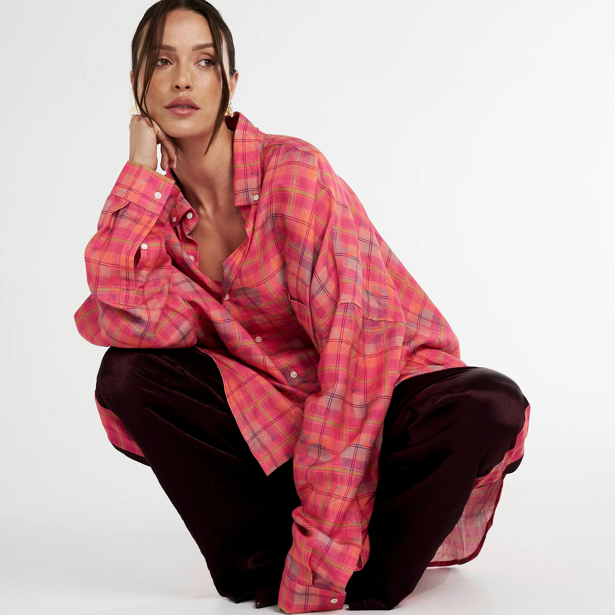 SUMMI SUMMI Womens Long Sleeve Oversized Shirt - Neon Plaid - Image 7