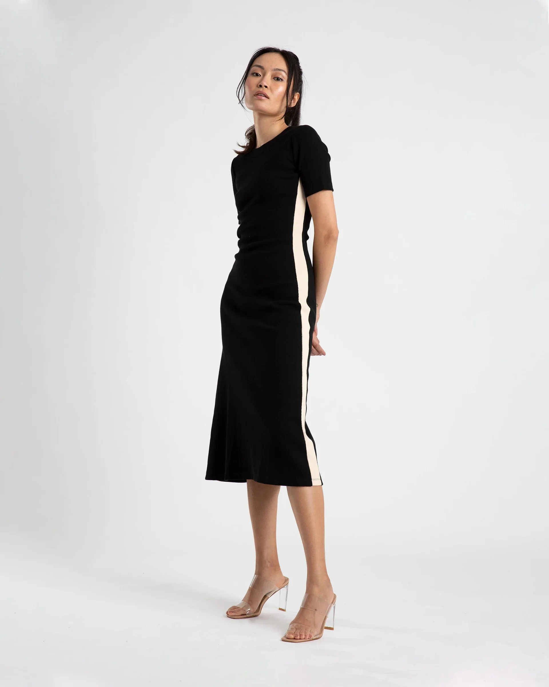 SUMMI SUMMI Womens Midi A Line Dress With Short Sleeve Black/Cream Stripe - Image 2