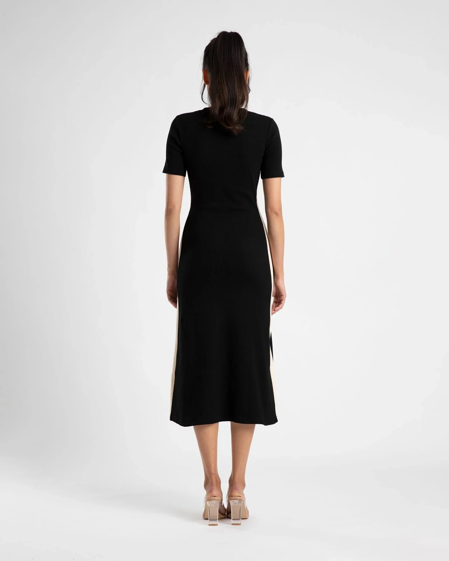 SUMMI SUMMI Womens Midi A Line Dress With Short Sleeve Black/Cream Stripe - Image 3