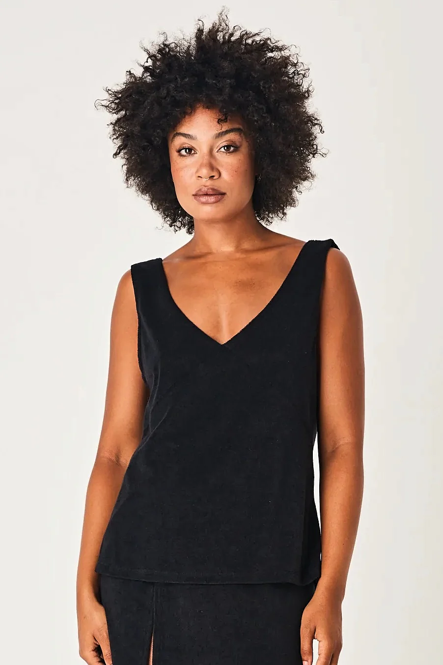 SUMMI SUMMI Womens Terry Loose V- Neck Top Black