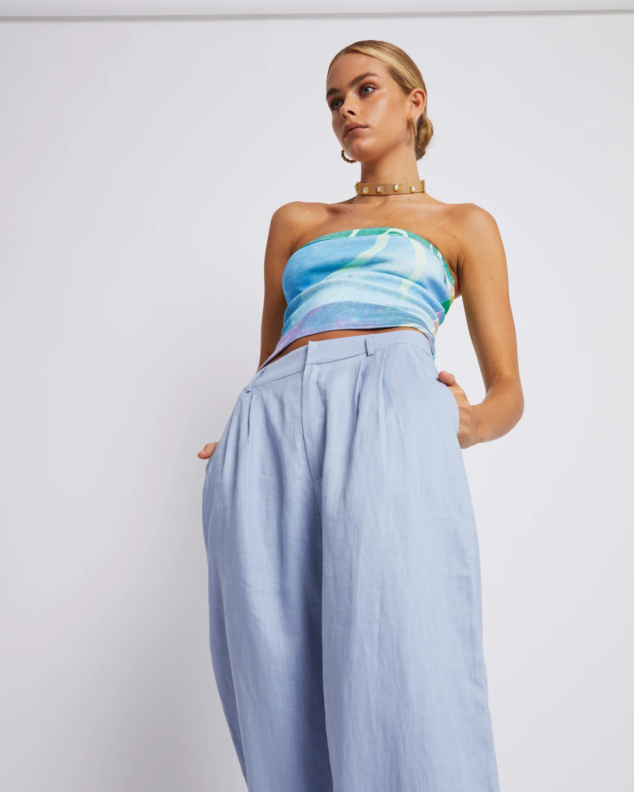 SUMMI SUMMI Womens Wide Leg  Linen Trousers - Alice Blue - Image 7