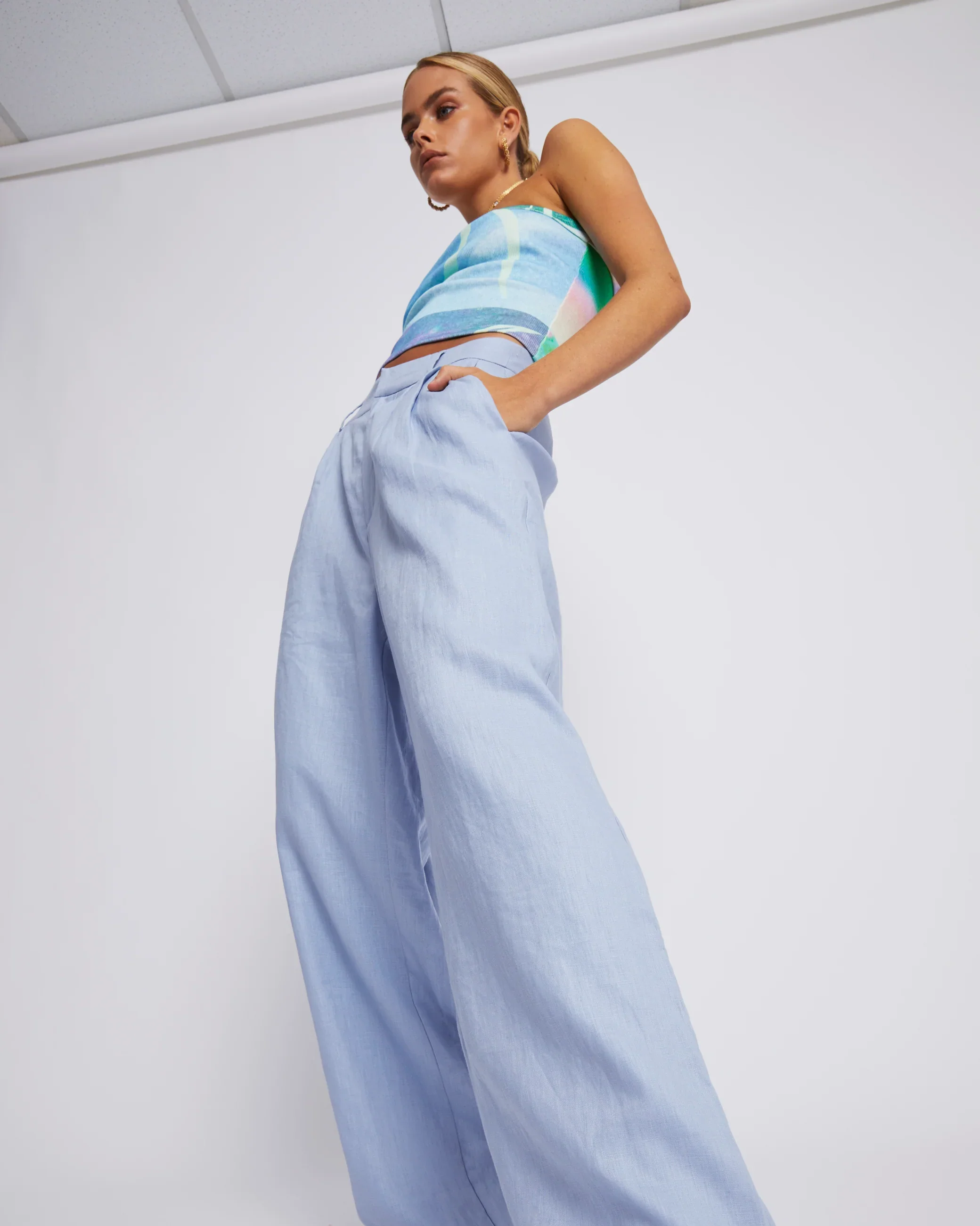 SUMMI SUMMI Womens Wide Leg  Linen Trousers - Alice Blue - Image 8